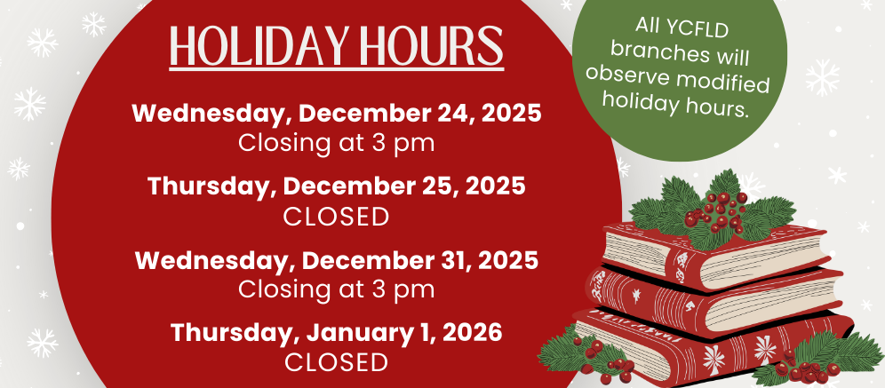 Card with text: Holiday Hours Wednesday, December 24, 2025 Closing at 3 pm  Thursday, December 25, 2025 CLOSED  Wednesday, December 31, 2025 Closing at 3 pm   Thursday, January 1, 2026 CLOSED.